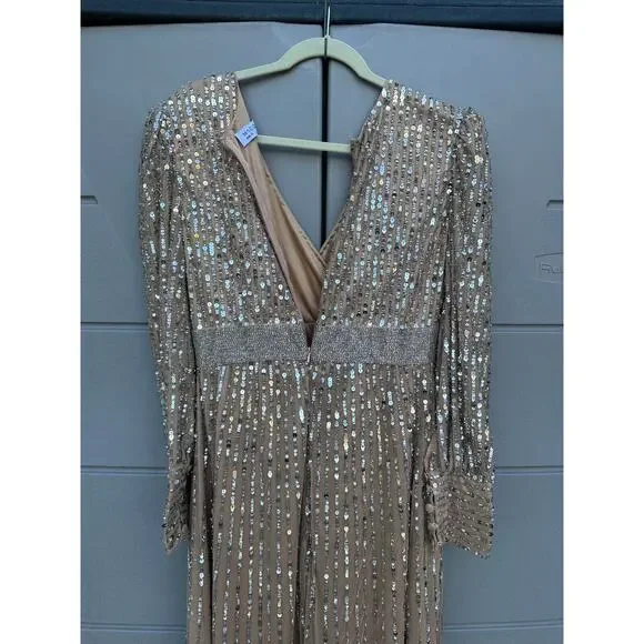 NEW Mac Duggal Vanilla Silver Wrap Bodice Long Bishop Sleeve Gown Size 10 $598